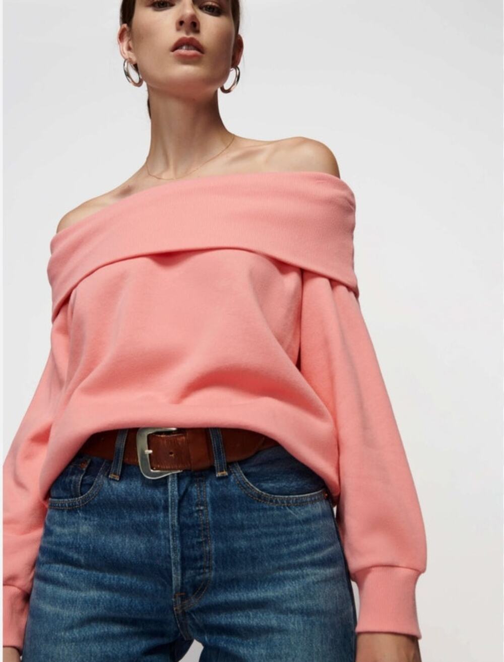 Nation LTD Babydoll Pink Foldover Off Shoulder Sweatshirt XS